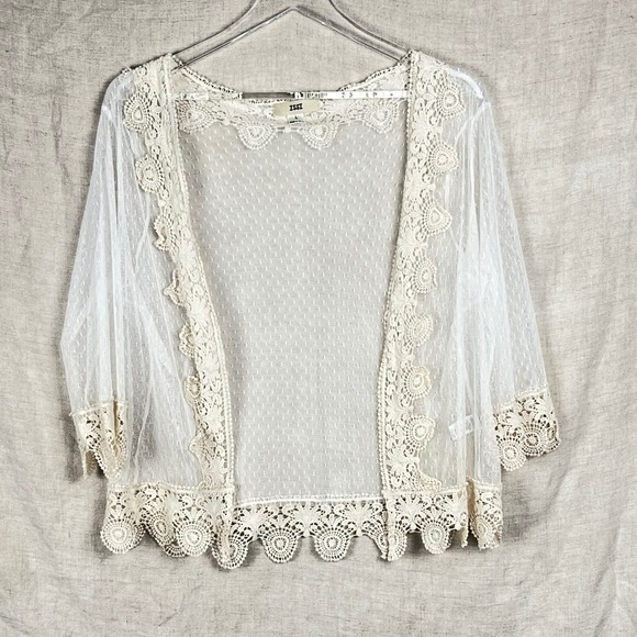 Sheer Lace Mesh Cardigan Shrug Womens One Size White 3/4 Sleeve Boho Coquette - Picture 9 of 15